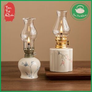 Đèn dầu sứ trắng đục họa tiết vẽ tay