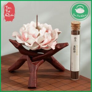 Đế cắm hương trầm hoa mẫu đơn bằng gốm kèm kệ đỡ gỗ ( tặng hương trầm 8 loại )