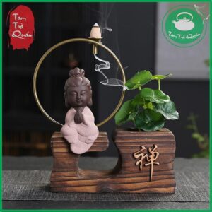 Alternative view of Thác khói đốt nụ trầm hương kèm tượng phật chân đế gỗ | Decor phòng thiền