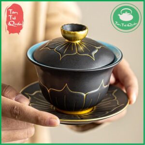 Khải gốm pha trà lòng tráng men 150ml - Mẫu đen đường ven vàng - Ảnh 3