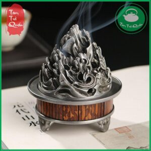 Lư đốt trầm hương bằng thiếc đúc vành trúc tím dáng núi non