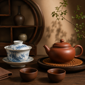 Ấm trà và khải Tâm Trà Quán