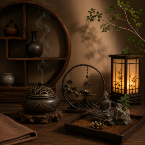 Lư trầm và decor phòng trà Tâm Trà Quán