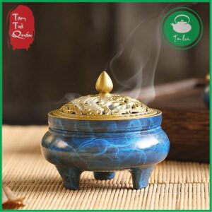 Lư đồng xông trầm 3 chân men đá xanh ngọc