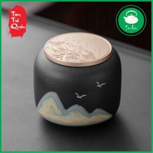 Hũ đựng trà gốm Đức Hóa , Tuyền Châu ( hắc nê có họa tiết )