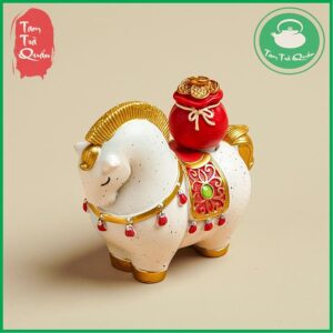 Tượng mini ngựa cưỡi hũ vàng bằng gốm trang trí bàn trà (tặng kèm hộp đựnġ)