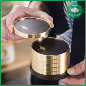 Bộ 6 lót chén trà gỗ mun vành kim loại | Dụng cụ thưởng trà