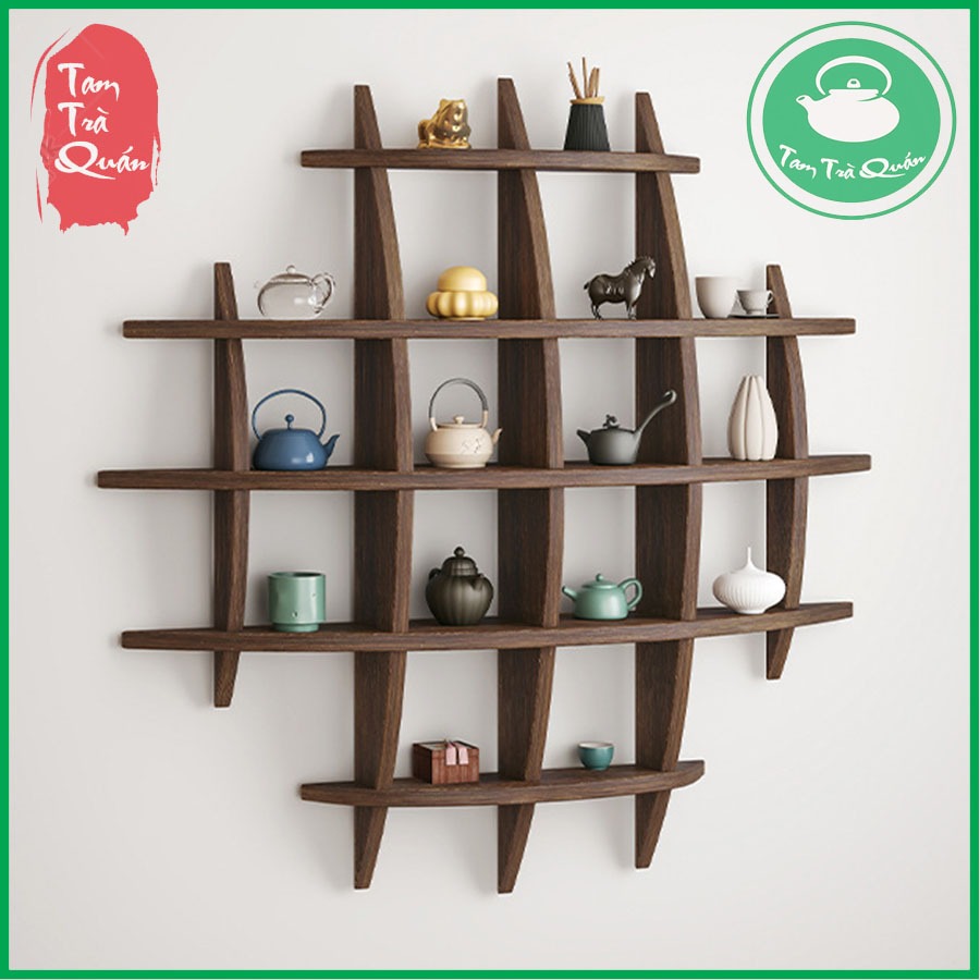Giá gỗ treo tường caro kể ấm, chén trà cụ - Ảnh 2