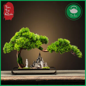 Cây thông bonsai (giả) dáng thác đổ kèm tiểu cảnh decor phòng trà ( tặng túi hương trầm)