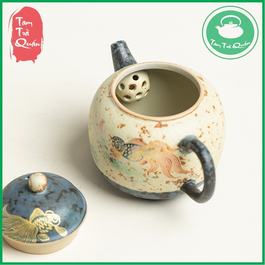 Ấm trà sứ lê hình men lam trắng họa tiết song ngư 175ml - Ảnh 6