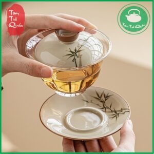 Khải thủy tinh pha trà nắp sứ kèm đĩa kê sứ họa cành trúc 142ml - Ảnh 5