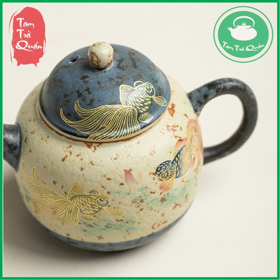 Ấm trà sứ lê hình men lam trắng họa tiết song ngư 175ml - Ảnh 5