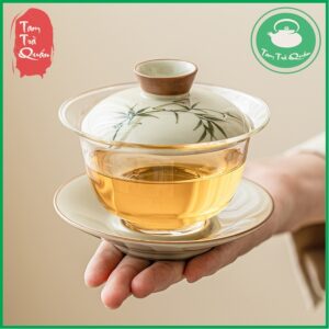 Alternative view of Khải thủy tinh pha trà nắp sứ kèm đĩa kê sứ họa cành trúc 142ml