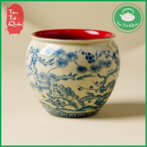 Bô sứ đổ cặn trà, nước trà men lam họa tiết sơn thủy 450ml | Dụng cụ thưởng trà