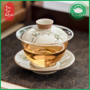 Khải thủy tinh pha trà nắp sứ kèm đĩa kê sứ họa cành trúc 142ml
